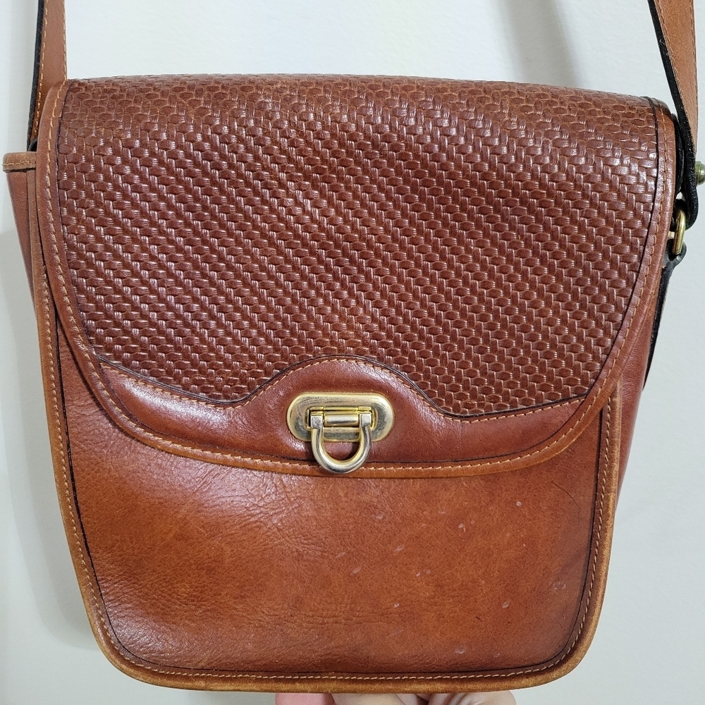 Vintage Brown Leather Crossbody Bag with Weave Pattern, Made in Italy